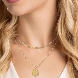 SAVORI Layered Initial Necklaces for Women, 14K Gold Plated Dainty Layering Paperclip Chain Necklace Cute Pentagon Letter Pendant Choker Necklace for Women Jewelry Gifts (L, Gold)