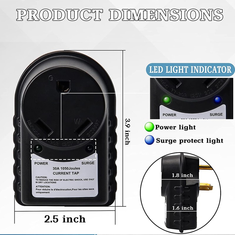 RV Surge Protector 30A Male to 30A Female Adapter 1050J