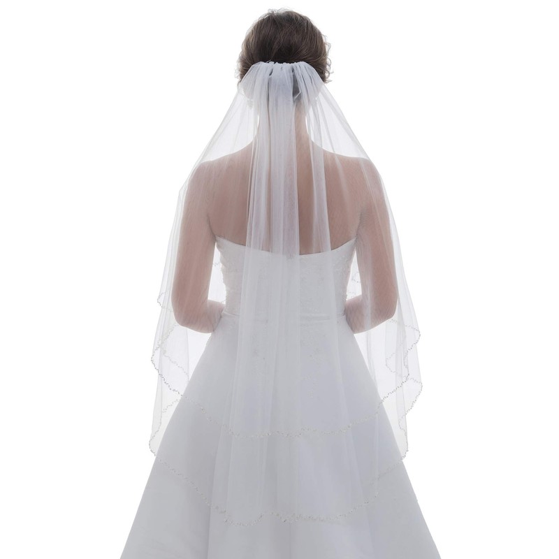 SAMKY 2T 2 Tier Pearls Crystals Wavy Beaded Veil -