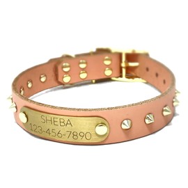 Handmade Spiked Bridle Leather Dog Collar, Gold Tone Hardware and Solid Brass Nameplate (Blush Pink)