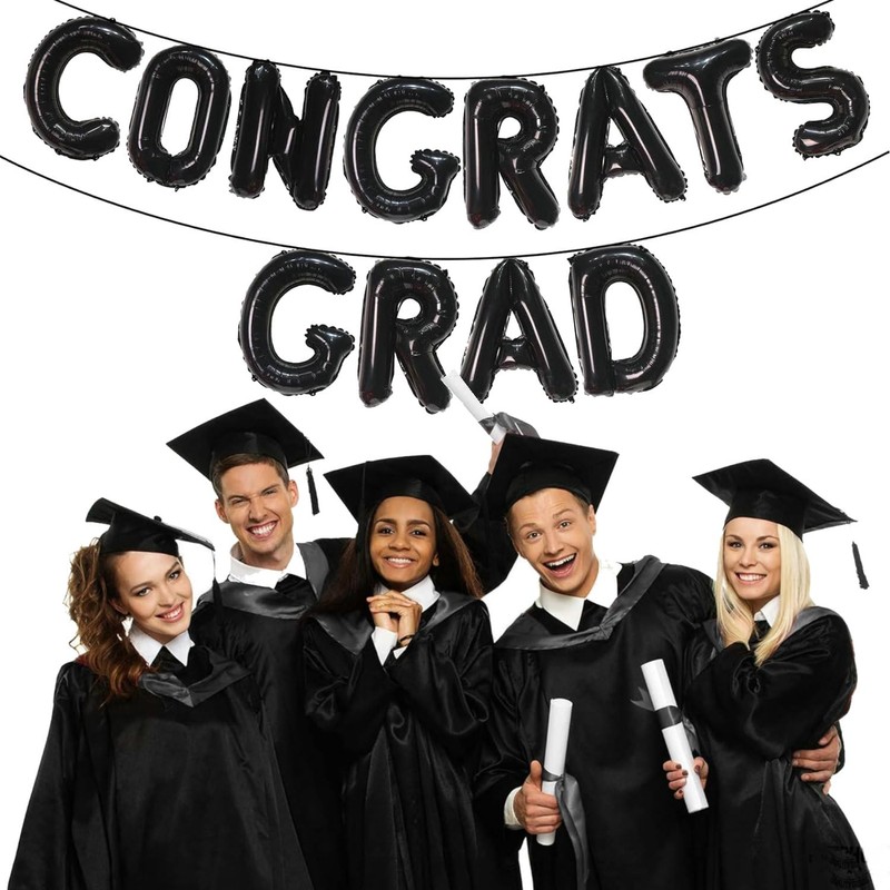 Black Congrats Grad Balloons, 16 Inch Black Congrats Grad Banner