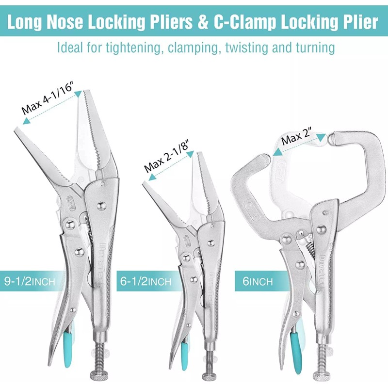 DURATECH 6PC Locking Pliers Set C-clamp Long Nose Curved Jaw
