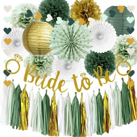 Sage Green Gold Bridal Shower Decorations Bachelorette Party Decor Bride to Be Banner Paper Pom Poms Lanterns Paper Tassel Garland for Wedding Engagement Party