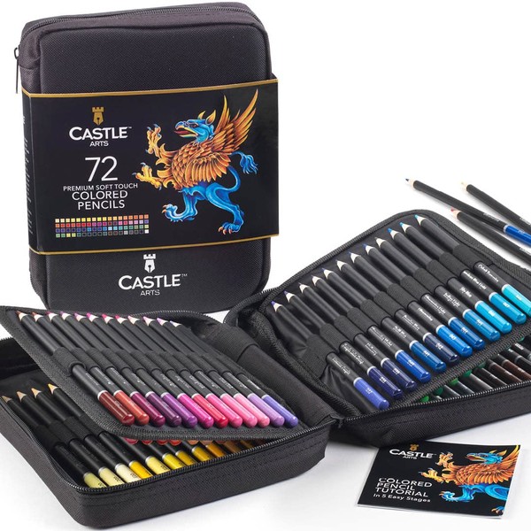Castle Art Supplies 72 Coloring Pencils Zipper-Case Set | Premium Quality Soft Core Colored Leads for Adult Artists, Professionals and Colourists | In Neat, Strong Carry-Anywhere Zipper Case