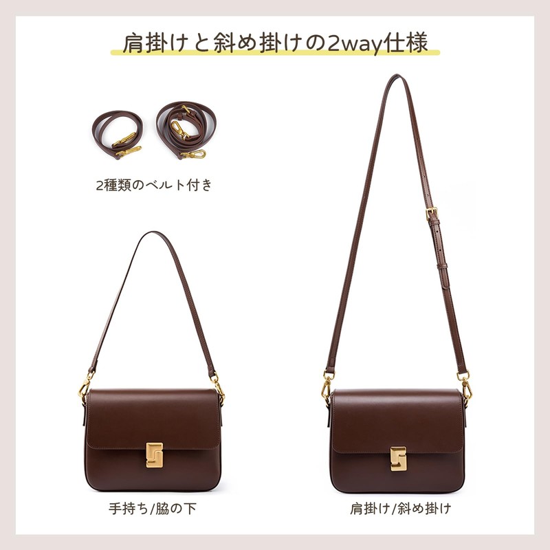 MFFOR Women's Shoulder Bag, Genuine Leather, 2-Way with 2 Straps,