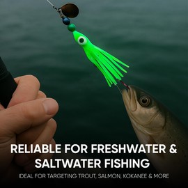 KOKOPROS Squid Fishing Hoochies 10 Pack -Glow Fresh Water Kokanee Salmon Trolling Lures with Pre-Rigged Octopus Hooks - Spinner Blades, Synthetic Skirts Kokanee Hoochies for Salmon Fishing