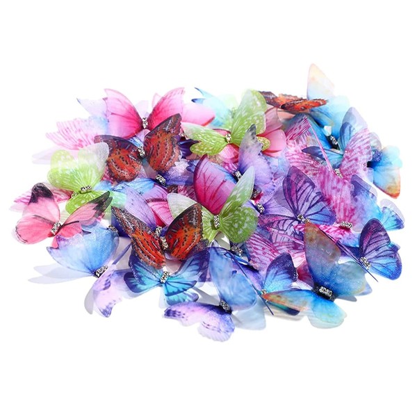 KHDULQ 50 Pieces Colourful Butterfly Fabric Butterfly Decorations 3D Butterfly Ornament Organza Butterfly Wings, for DIY Jewelry Clothes Headpiece Crafts Decorations