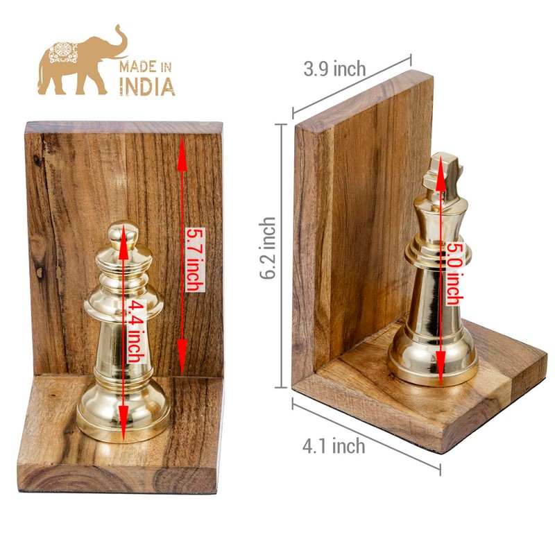 MyGift Decorative Chess Bookends Heavy Duty Mango Wood and Brass