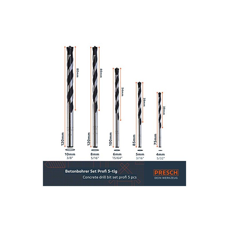Presch Concrete Drill Bit Set Professional 5-Piece – High-Quality Masonry