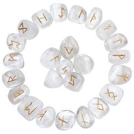 Rune Stones Sets 25 pcs Clear Quartz for Beginners with Elder Futhark Alphabets for Healing Chakra Crystals Reiki feng Shui Gemstone Runes Set Size: 15-20 mm with a Pouch & Rune brochure