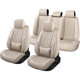 Leather Car Seat Cover Full Set,Automotive Seat Covers 5 Seats,Fit for Most Cars SUV and Most Sedans Hatchbacks Crossovers,Waterproof Breathable Full Wrapping Edge Seat Covers (Beige Full Set)