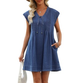 POTILI Denim Dress for Women,V Neck Jean Dresses Short Sleeves Denim Romper Dress with Pockets