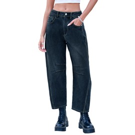 GREAIDEA Mid Rise Barrel Jeans for Women Wide Leg Mid Waist Cropped Denim Pants Y2k Baggy Boyfriend Jeans with Pockets Indigo