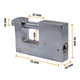 2 Candados metálicos tipo cortina de 70MM, antipalanca, alta seguridad, blindado, llaves Abloy y cilindro de discos.