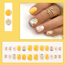 24Pcs Fall Press on Nails Short Square Leaf Fake Nails With Sequins Yellow Glue on Nails Glossy Full Cover Acrylic Nails for Women Autumn Nail Decoration Supplies