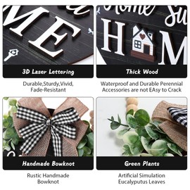 Welcome Sign for Front Door, Wooden Home Sweet Home Decor Outdoor, 3D Farmhouse Hanging Door Wreath with Artificial Greenery, Porch Welcome Sign Hanger All Year Round (Black)