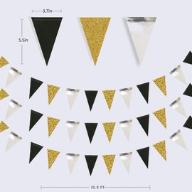 30 Ft Black Gold Silver Decorations Double Sided Metallic Glitter Paper Triangle Flag Bunting Pennant Banner for Birthday Graduation Anniversary Holiday Wedding Bachelorette Party Supplies Decorations