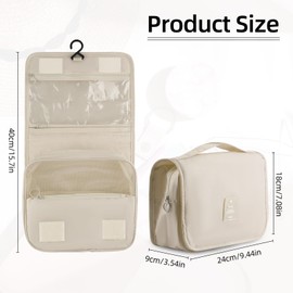 Ktxaby 24x18x9cm Portable Travel Toiletry Bag Hanging Wash Bag Multifunctional Makeup Cosmetic Bag Men and Womens Waterproof Bathrooom Organizer Storage Shower Bag for Camping Travel (Beige)