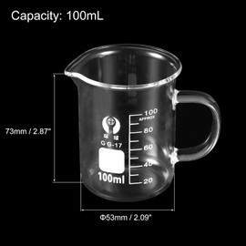 PATIKIL 2 x 100 ml glass cups with handle, 3.3 borosilicate glass, scaled printed measuring cups with spout for kitchen, laboratory, liquids