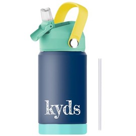 kyds® Children's Water Bottle, Thermal Stainless Steel Water Bottle, Leak-Proof, with Straw, Hygienic Flip Lid, BPA-Free, Dishwasher Safe, Drinking Bottle for School, Sports (Dark Blue, 35