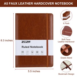 ZCZN 6 Pack Lined Journal Notebooks, 192 Pages A5 Hardcover Leather Journals for Work,Writing,School & Travel, College Ruled Journaling Notebooks for Notes Taking,Diary Notepad (Brown*6)