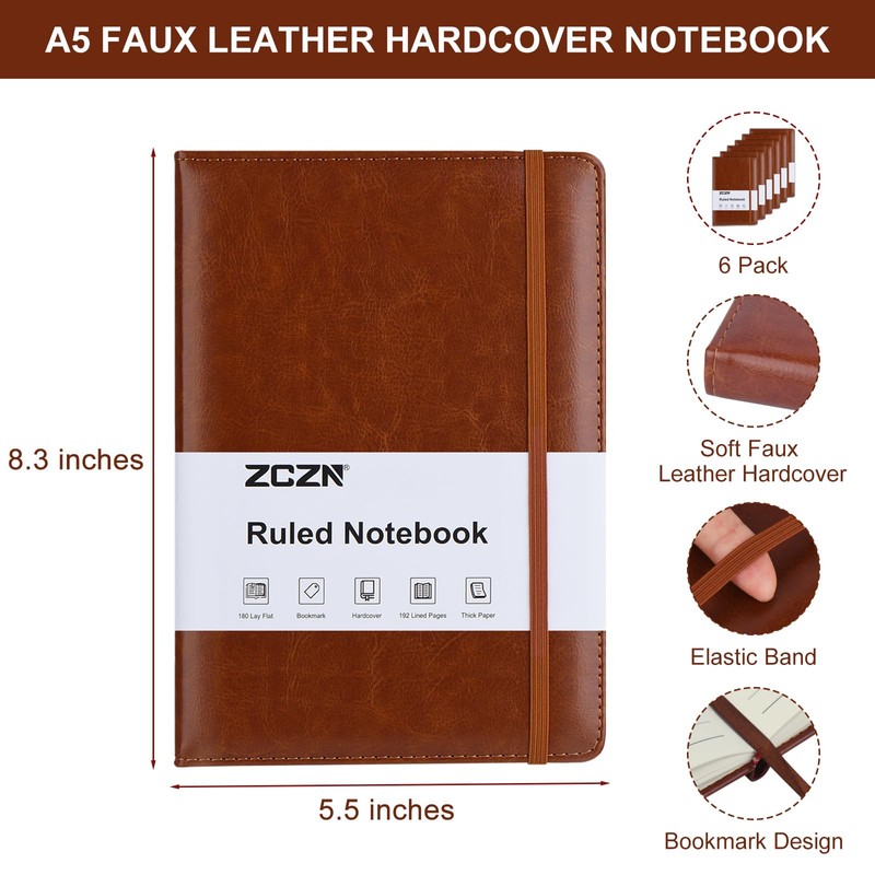 ZCZN 6 Pack Lined Journal Notebooks, 192 Pages A5 Hardcover