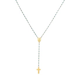 Flongo Rosary Women's Necklace with Holy Virgin Mary Mother of God Jesus Cross Crucifix Pendant Ball Chain, Stainless Steel, Turquoise