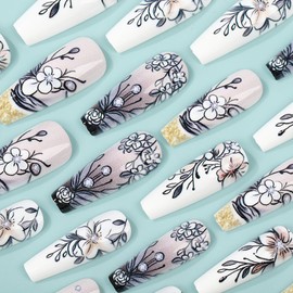 Long Press on Nails Square Fake Nails with Flower Designs Stick on Nails Black White False Nails Glossy Full Cover Coffin Acrylic Nails Glitter Glue on Nails for Women Girls Spring Summer 24PCS