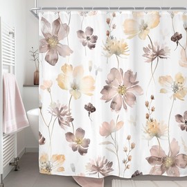 Riyidecor Brown Floral Flower Shower Curtain for Bathroom Decor 72Wx72H Cute Boho Wildflower Watercolor Botanical Spring Rustic Grey Plant Art Printed Fabric Polyester Waterproof 12 Pack Plastic