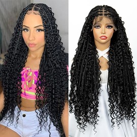 sedittyhair 32 inches Synthetic Lace Frontal Boho Knotless Box Braided Wigs with Curly Natural Black Hand Braiding Wig with Baby Hair for Black Women Lace Front Square Knotless Braid Wig (1B)
