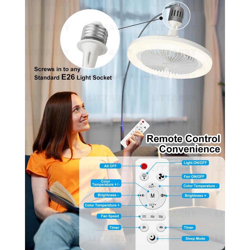 Socket Fan Light with Remote Control, 3 Colors 3000K-6500K Dimmable