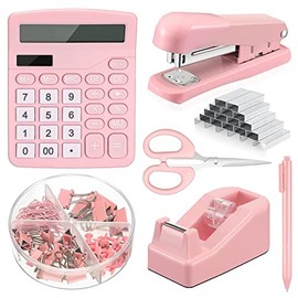 6 Set Desk Accessory Kit Office Supplies Include Cute Stapler Tape Dispenser Ballpoint Pen Binder Clips Paper Clips Scissor and Calculator for Girls Women(Pink)