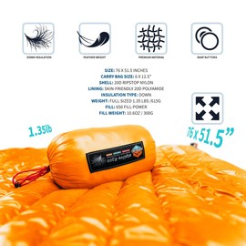 ZOOOBELIVES Ultralight Down Camping Blanket - 1.35lbs, 650 Fill Power Puffy Quilt. Compact & Warm Comforter for Travel, Beach, Hammock, Backpacking - Elevate Your Outdoor Comfort - AlpliveR300