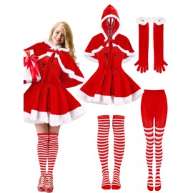 Panitay Women Santa Claus Christmas Costume Set Christmas Sleeveless Dress with Cape Striped Tights Socks Girls Red Gloves(L Dress, L Shawl)