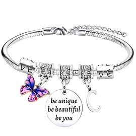 YEEQIN Inspirational Gifts Initial Bracelets For Women Friends Butterfly Bracelets Charm Bracelets For Sister Daughter Granddaughter 26 Letters Alphabet Bracelets (C)