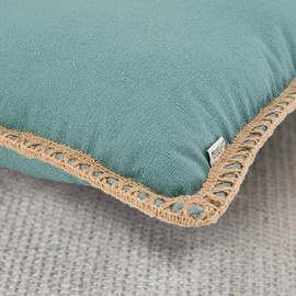 Set of 2 Farmhouse Throw Pillow Covers - Burlap Linen Trimmed Tailored Edges Decorative Cushion Covers for Bed Home Outdoor Decoration (2 Pieces, 22" x22", Teal Green/Linen Band)