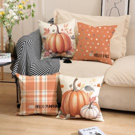 Set of 4 Thanksgiving Decorative Cushion Covers, Autumn Cushion Covers, Decorative Cushion Cover, Linen Pumpkin Maple Leaves Throw Cushion Cover for Office, Bedroom, Car Decoration, 45 x 45 cm (4)