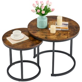 Hoctieon Nesting Coffee Tables, Round Nesting Tables Set of 2, End Tables, Stacking Nesting Tables for Living Room, Circle Coffee Tables, Side Tables Wooden Table Top, Easy Assembly, Rustic Brown