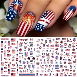 4th of July Nail Art Stickers American Flag Independence Day Nail Decals 6PCS USA Flags Heart Star Firework 3D Self-Adhesive Patriotic Nail Stickers Manicure Supply for Memorial Day Nail Decorations