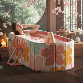Genrenyen Portable Bathtub for Adult 47" Large Foldable No Installation Bath Tub for Shower Stall, Bathroom Hot SPA Soaking Standing Tub, Collapsible Plunge Bathtub (Pink, 47.2"×21.6"×19.6")