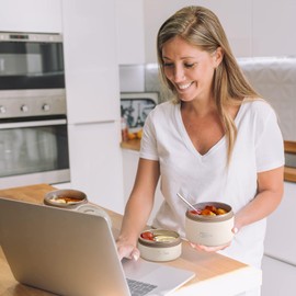 Thermal Bento Lunch Box Set, Portable Insulated Food Container Set with Bag, Separate Stackable Leakproof 304 Stainless Steel Lunch Container for Adult Kids Men Women (Beige-2 Pack)