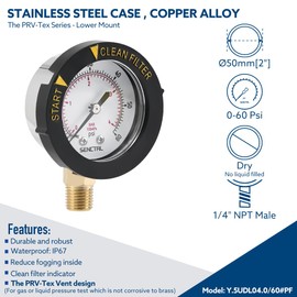 SENCTRL 0-60 Psi Pool Filter Pressure Gauge, 2 inches Dial, 1/4 NPT Lower Mount, Stainless Steel Case, Waterproof, Clean Filter Indicator, for Swimming Water Pump Spa Aquarium Pressure Test