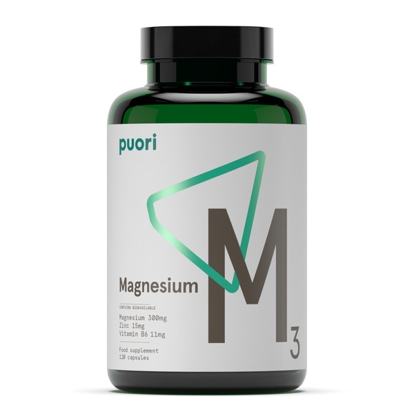 Puori M3 [ Reines Magnesium 300 mg + Zink 15 mg + Vitamin B6 Kapseln + Äpfelsäure ] 120 Hochdosiert Sportnahrung Muskelaufbau, Anti Müdigkeit Tabletten, 108 g