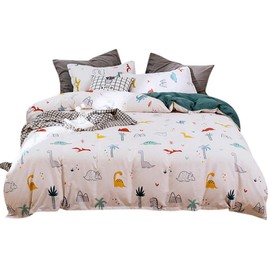 Dinosaur Kids’ Bed Linen Set, Cute Cartoon Animal Duvet Cover for Girls, Kawaii Cartoon Dinosaur Bedding, Soft Microfibre Reversible Bedspread with 1 Pillowcase, Zip, 155 x 220 cm