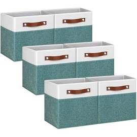 Pomatree 13x13 Storage Cubes - 6 Pack - Linen Fabric 13 Inch Cube Storage Bins for Bedroom, Living Room, Clothes and Toys, Shelves and Closet Organizer; Foldable, Dual Leather Handles (White & Teal)