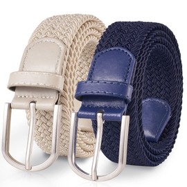 TANGCHAO Pack of 2 Fabric Belts, Stretch Belt, Elastic Braided Belt, Braided and Elastic Stretchy Belt for Men and Women, Width 3.3 cm, Blue + Beige, 130 cm