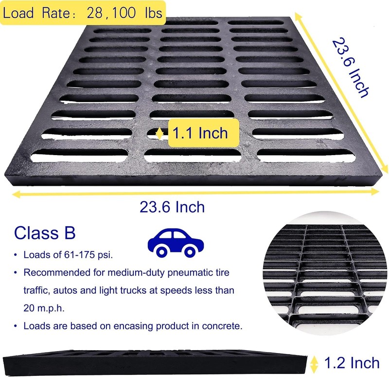 MOSINSBO Cast Iron Drain Grate 24x24 in, B-Class 28100 lbs
