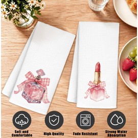 Coquette Pink Bow Perfume Lipstick Bathroom Hand Towels Set of 2, Preppy Girly Decorative Dish Tea Towels, Trendy Fashion Hand Towel for Girls Bathroom Powder Room, 16x24 Inch