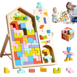 Shyllin 3D Colourful Tetris Blocks Stacking Game with Holder, 40 Colourful Building Blocks, Montessori Toy, Wooden Toy Children's Games, Puzzle Games for Children from 3 Years