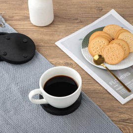 Acacia Wood Coasters Black for Drinks with Lip, WLWNWFT Round Drink Coasters with Holder for Coffee Table Dining Table Wooden Table Coasters for Farmhouse Desk, Set of 6